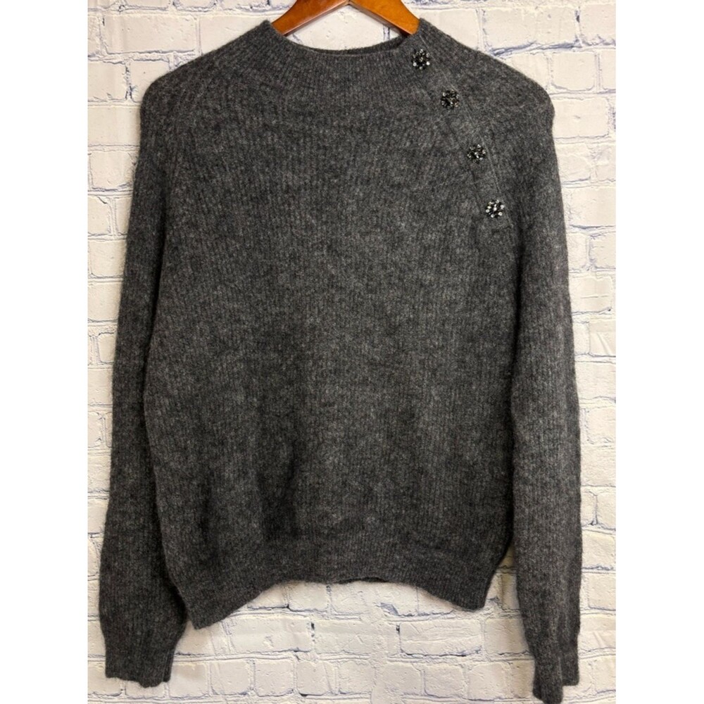 Sezane Trudy Mottled Gray Jeweled Placket Classic Luxury Mohair Blend Sweater M